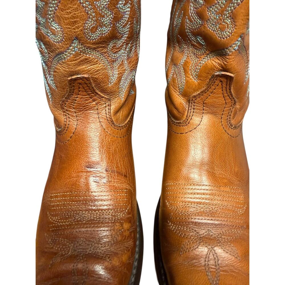 LAREDO Women's 8M Brown Leather Cowboy Pointed ToeBoots Turquoise Stitch Western - Picture 9 of 14